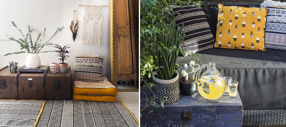 Coussin noir à rayures, en laine, noir et blanc, blanc ananas ou coussin de sol jaune à pois