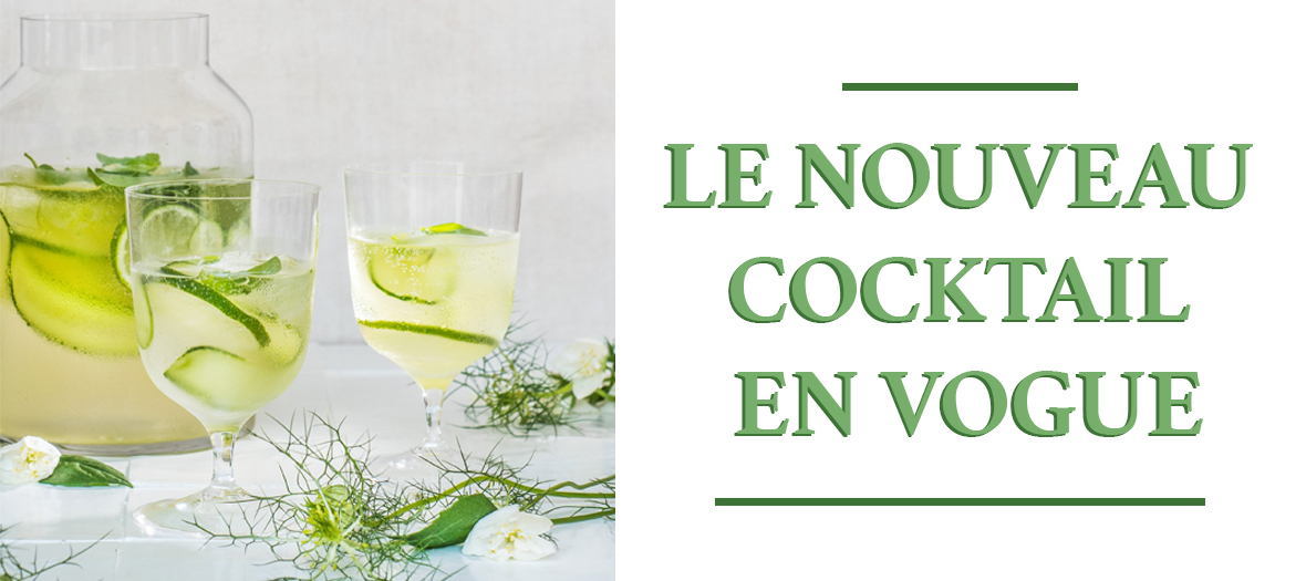 Un Cocktail au jus de citron vert, feuilles de basilic, rondelles de concombre, Prosecco Signore Giuseppe