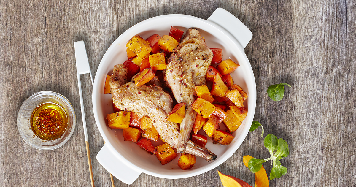 Recette de lapin rôti au potimarron et aux épices