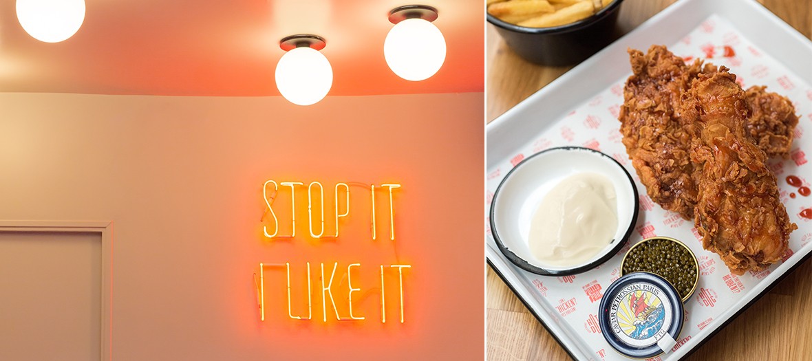 Poulet fried chicken avec caviar et crème fraiche et le slogan 