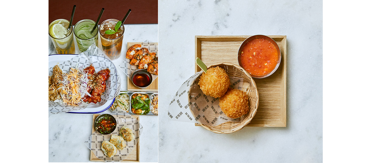 Bab Twigim arancini asiatiques au kimchi et fromage, cocktail Ginger Sparkling au gingembre, miel et yuzu, thé glacé à la prune, bao mania