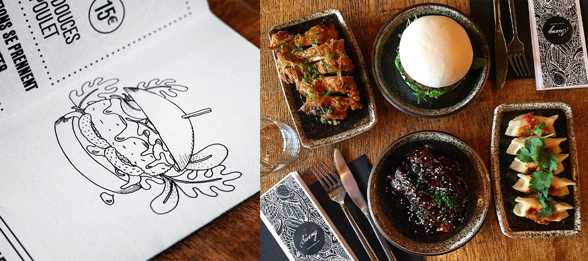 Bao burger dishes, marinated beef steak, breaded chicken and the menu of the Siseng restaurant