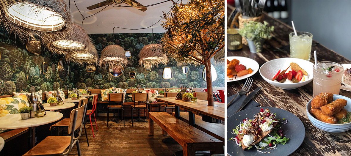 Decors intérieur de La Mangerie et tapas avec l’assiette de gouda à la truffe, le poulet croustillant, le risotto émincé de bœuf fondant, les beignets de mozza et chutney mangue et  les tartines de feta, herbes, noix et grenades