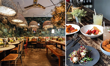 Decors intérieur de La Mangerie et tapas avec l’assiette de gouda à la truffe, le poulet croustillant, le risotto émincé de bœuf fondant, les beignets de mozza et chutney mangue et  les tartines de feta, herbes, noix et grenades