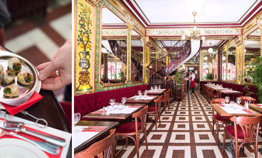 Burgundy snails dish of chefs Benjamin Moréel and Christopher Préchez and interior atmosphere of the restaurant Le Pharamond