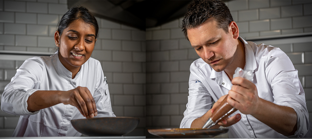 La cheffe Kelly Rangama et Jérôme Devreese, chef pâtissier au restaurant Faham