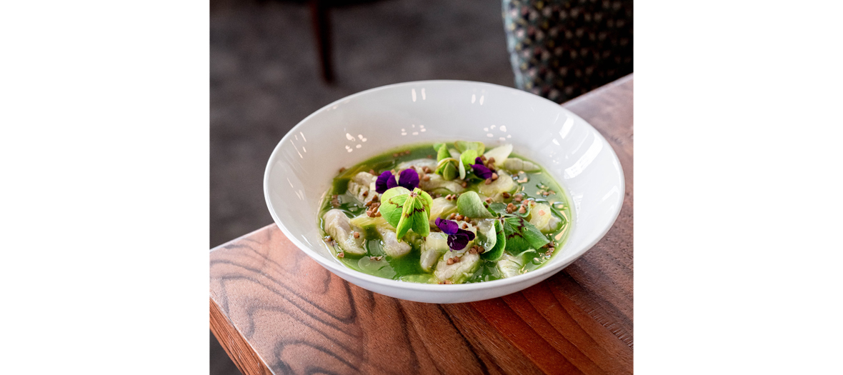 Red mullet ceviche with green juice, preserved branch celery and buckwheat seeds, oxalys