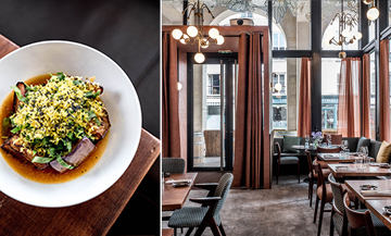 Ambiance intérieur du restaurant et plat d'aubergine frite avec oseille, sauce ponzu, jaune d’œuf façon poutargue