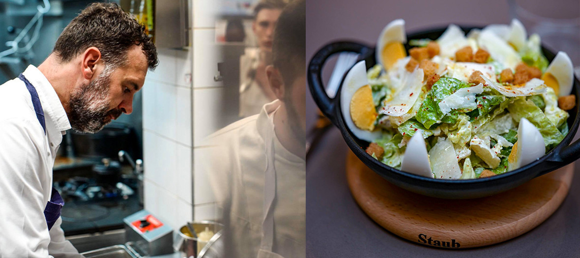 Chef Christian Constant in the kitchen with a cesar salad