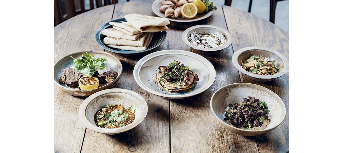 agneau haché, hoummous de courge fumée, galette de ciboulette, falafels de fèves