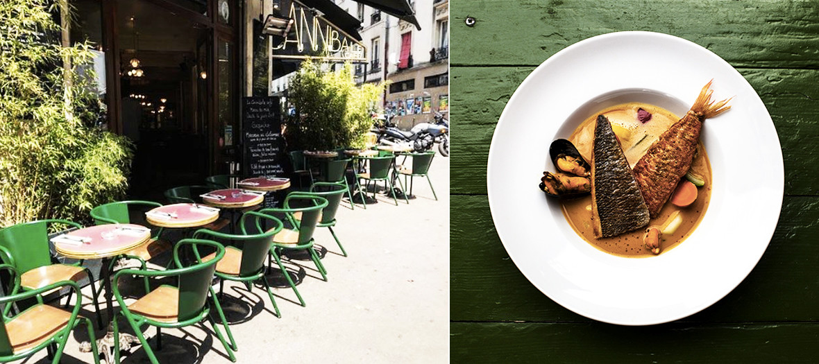 Bouillabaisse and terrace at the Cannibale café in Belleville Paris 