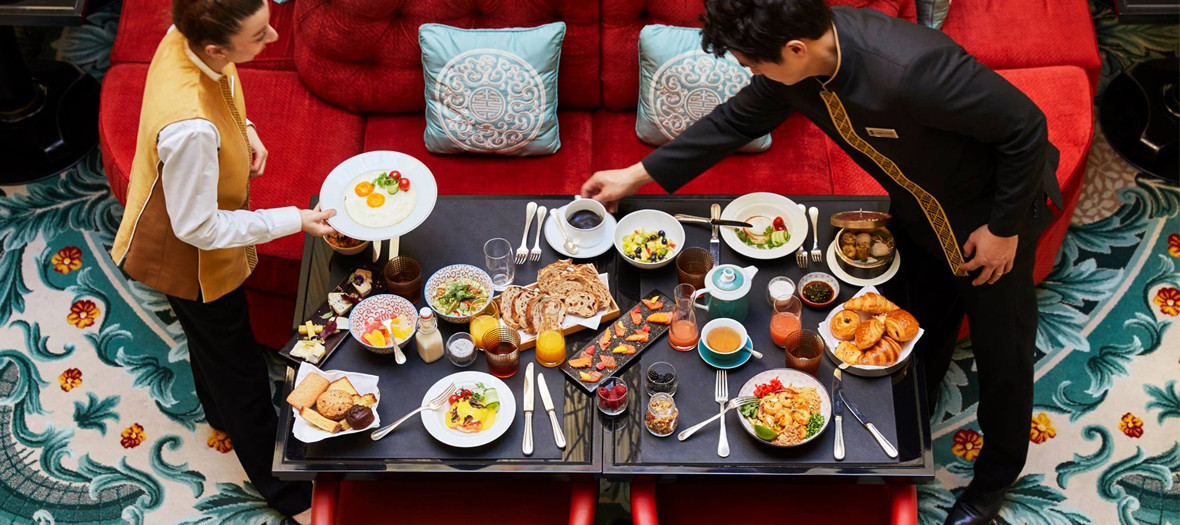 The Shangri-La Brunch Buffet with Thai beef salad, rolls of spring cake, maki, bread, croissant, papillote of cod, curry paste, coconut milk