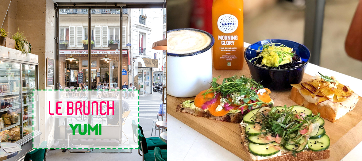 Ambiance interieur et Sandwichs au chèvre, champignons, kale et chou rouge, salade de quinoa avec houmous et œuf mimosa, potiron rôti et tahini, pomme nappée de caramel au beurre salé et granola maison du Brunch Yumi