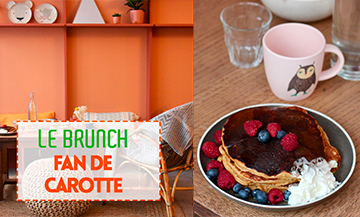 Brunch Fan De Carotte avec les pancakes salés ou sucrés, une soupe de potiron avec ses croûtons, un œuf coque et ses mouillettes escortées d’un torride gouda à la truffe, une boisson chaude (choco, café au lait, cappuccino, chai latte…) et un jus du moment.