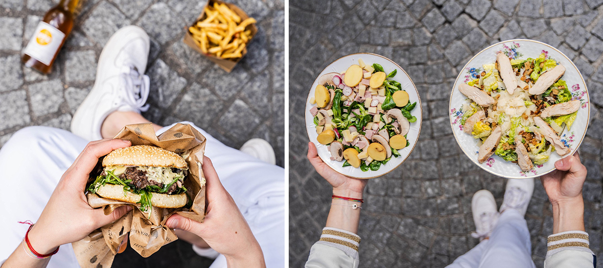 Burger avec Frites, boeuf et plat de salade pomme de terre, roquette