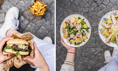 Burger with fries, beef and potato salad dish, arugula