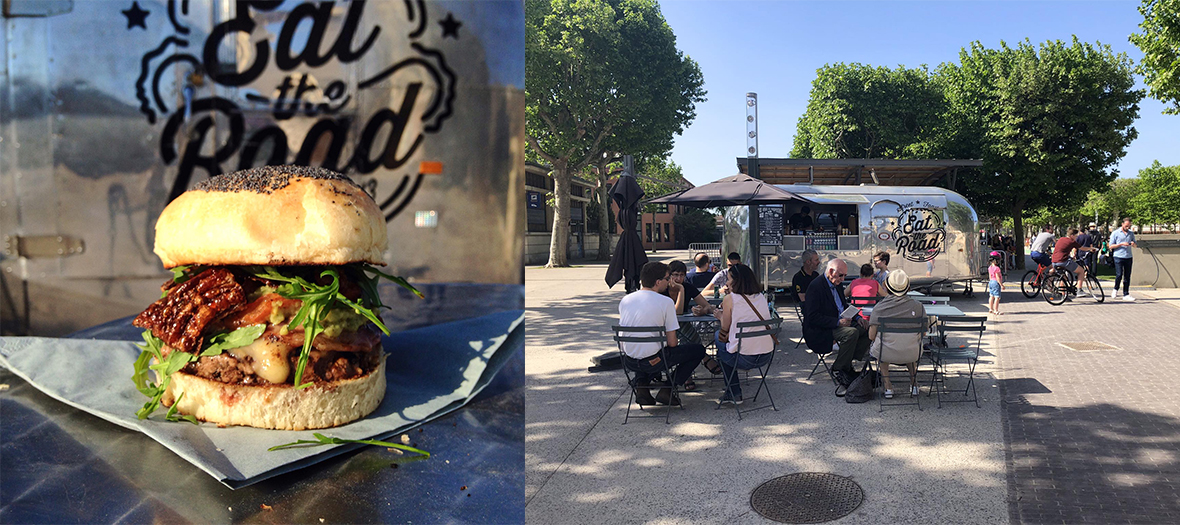 Plat de burger avec pain au sésame, oignons, bacon, cheddar, tomate, pickles et Le food-truck Eat the Road