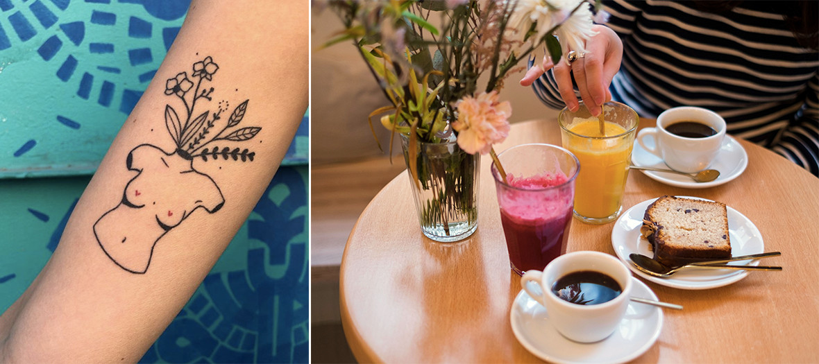 Tatoo session ans gluten free pastries in Nomade café in Paris in the Marais district