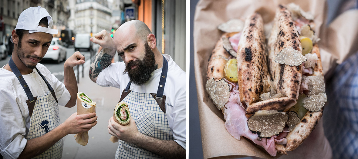 Portrait of chef Julien Serri at the Italian restaurant and his pizza rolled or folded with a mozzarella made in the Yvelines