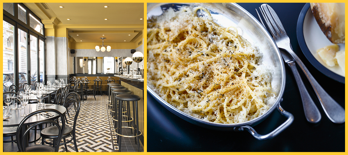 Salle de restaurant et spaghettoni au fromage de brebis et poivre noir de Epoca