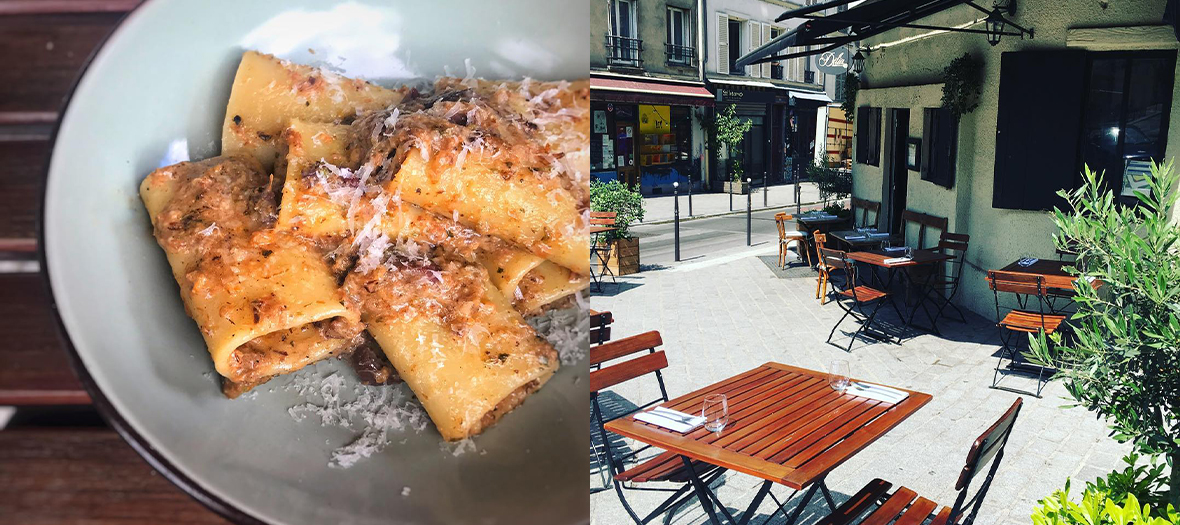 Plat de pasta bolognaises et Terrasse du restaurant Dilia