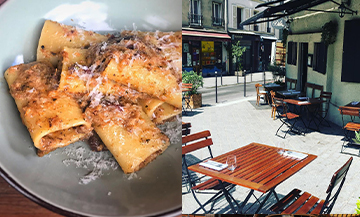 Plat de pasta bolognaises et Terrasse du restaurant Dilia