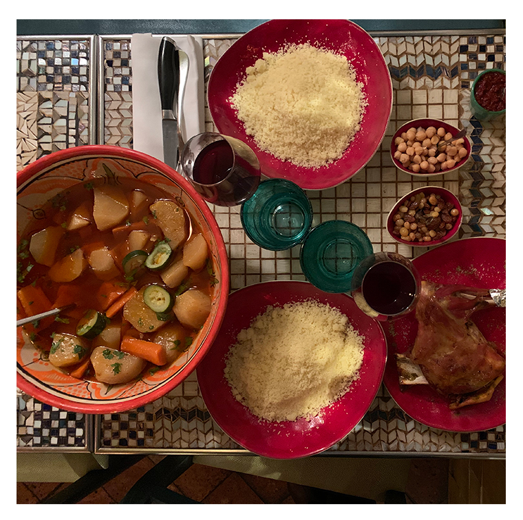 Couscous méchoui, bouillon de légumes