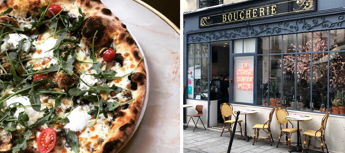 Pizza with cherry tomato and basil and Restaurant facade