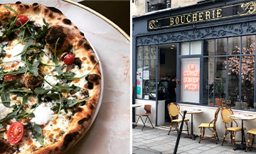 Pizza à la tomate cerise et du basilic et Façade du restaurant