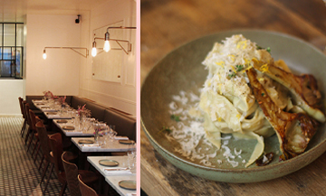 Salle de restaurant et pappardelle crème d’artichaut de Sicile, thym citronné, zeste de cédrat