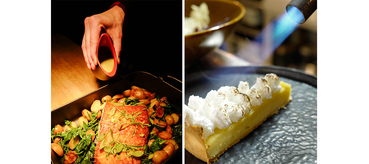 Tagliatelle dish with salmon, kale, pickles and lemon meringue pie from the Terra restaurant