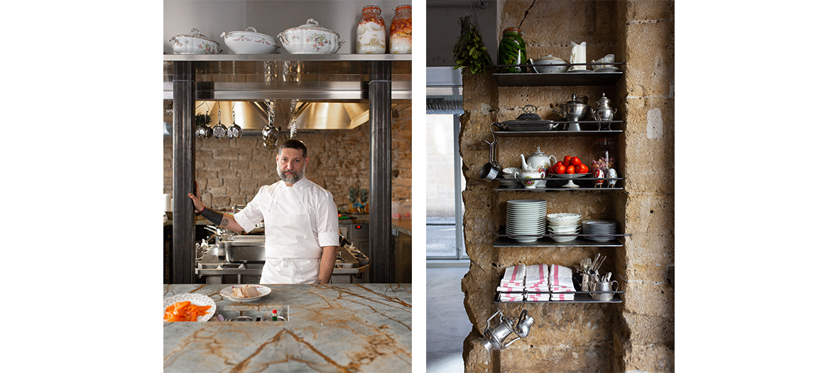 Portrait du chef Assaf Granit et un coin rangement du restaurant shabour