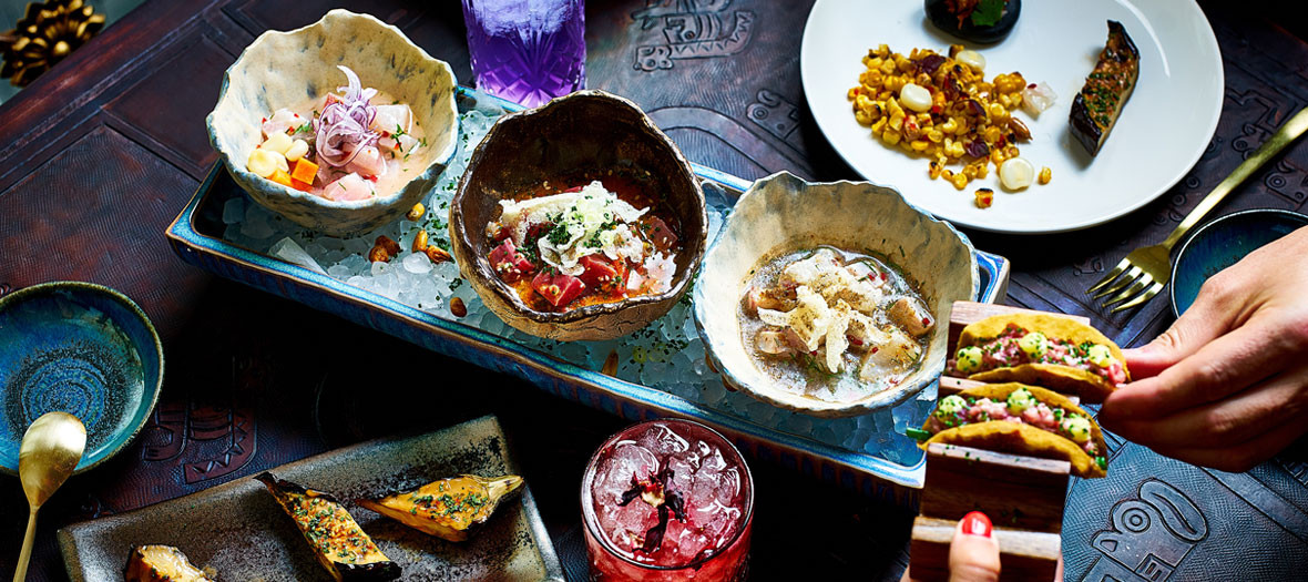 tacos, veggie version with grilled eggplant and peppers, yogurt, sésame, tuna-wasabi, or salmon avocado in the restaurant Coya in Paris