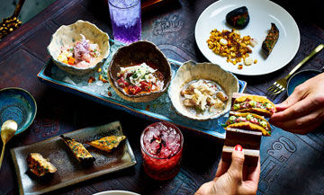 tacos, veggie version with grilled eggplant and peppers, yogurt, sésame, tuna-wasabi, or salmon avocado in the restaurant Coya in Paris