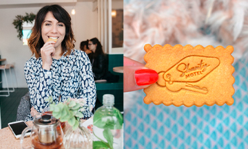 Shanty Baehrel eating a Personalized Biscuit at the pop-up store in the heart of the Marais in Paris