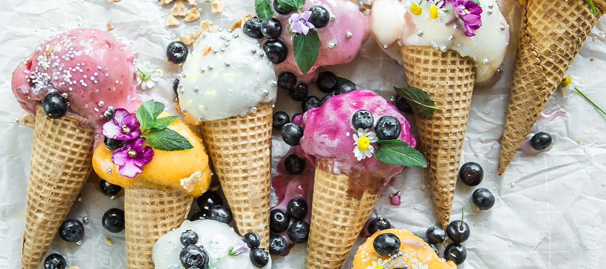 Ice cream cones flavors Sorbets melon, peach, raspberry, passion, pink grapefruit with cherries