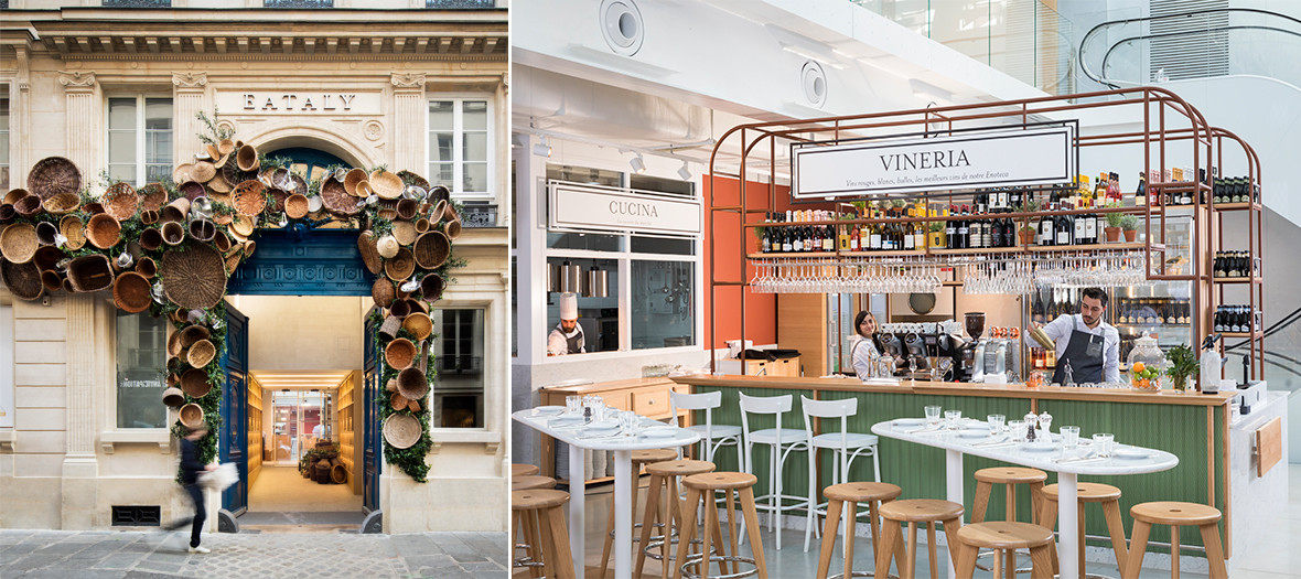 Facade and interior atmosphere of the restaurant Eataly in Paris