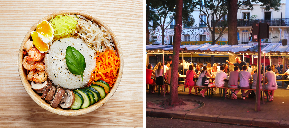Plat coreen de riz,crevettes, carottes, concombre et l'extérieur du Market Food coréen de belleville à Paris