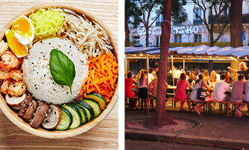 Korean rice dish, prawns, carrots, cucumber and the outside Korean Market Food from belleville in Paris