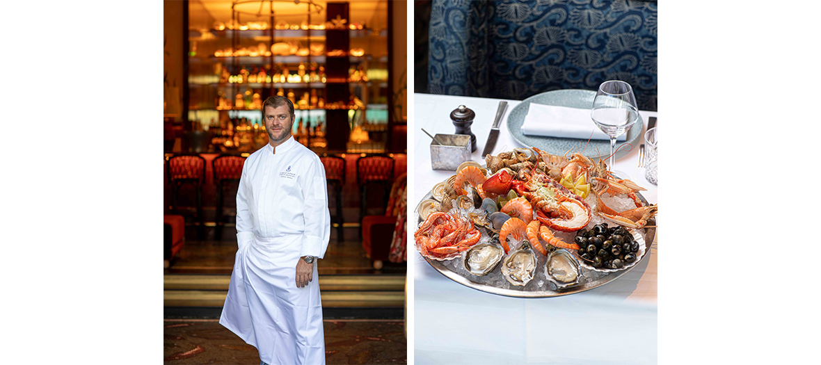 Portrait du chef Christopher Coutanceau et plat de fruit de mer de la brasserie La Lorraine