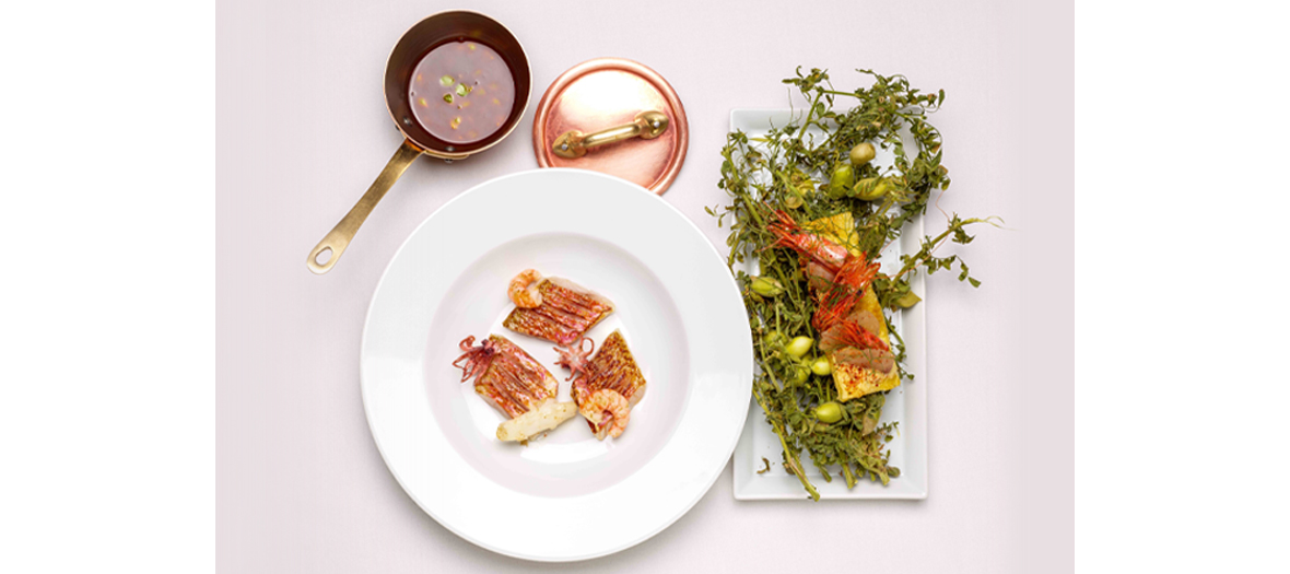 Red mullet with chipiron and gambas and fish soup by Edouard Chouteau