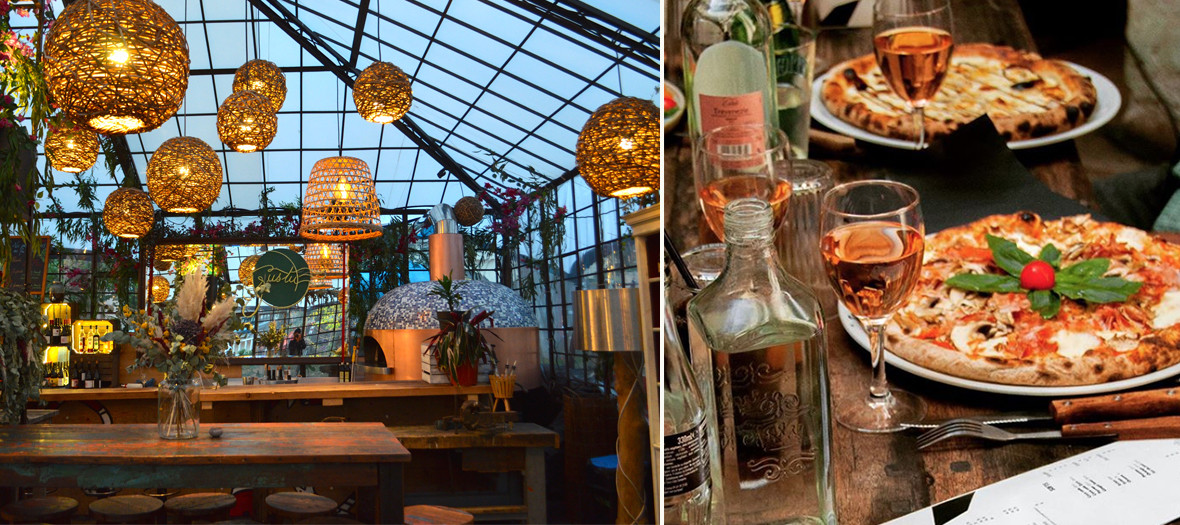 Decoration of the heated greenhouse of the Rotunda of Stalingrad in an old boat parquet with wicker light fixtures, dried flowers and mozzarella pizza, truffle cream and glass of wine