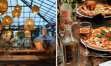 Decoration of the heated greenhouse of the Rotunda of Stalingrad in an old boat parquet with wicker light fixtures, dried flowers and mozzarella pizza, truffle cream and glass of wine