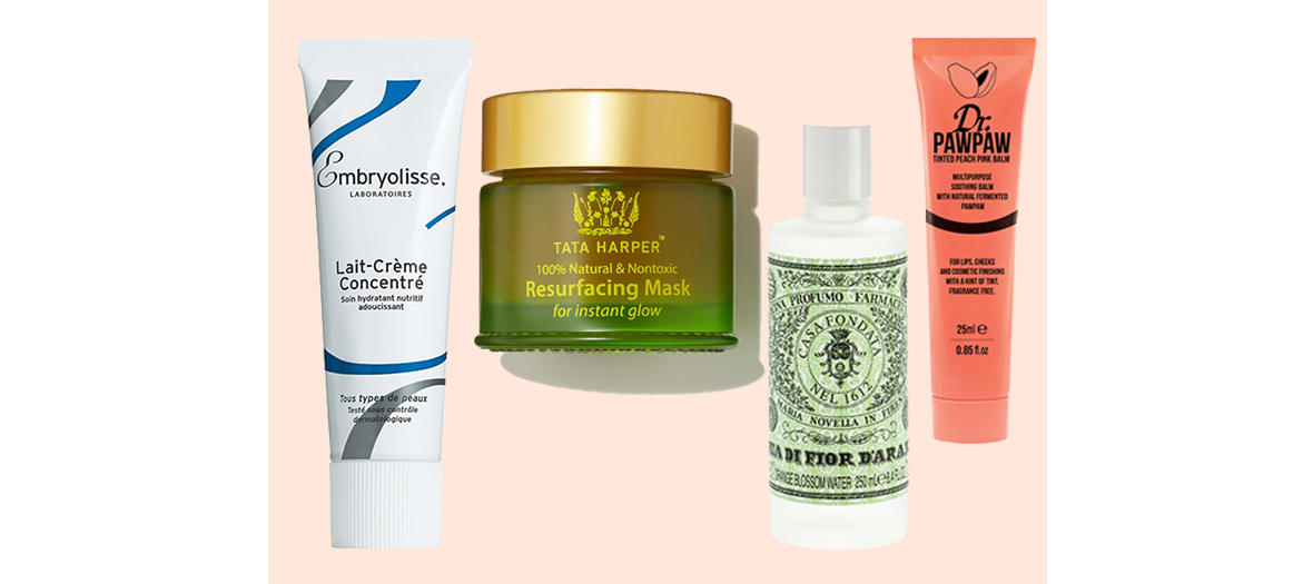 Resurfacing Mask Masque Resurfaçant Eclat Tata Harper, Lait-Crème Concentré Embryolisse, Blush à tout faire Peachy Pink Dr. Pawpaw, Brume de fleur d’oranger Santa Maria Novella