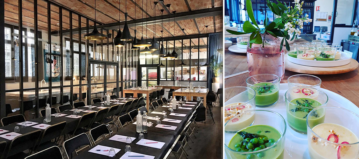 Interior atmosphere of the bookstore and ramekin of dessert with vegetables and cream