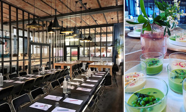 Interior atmosphere of the bookstore and ramekin of dessert with vegetables and cream