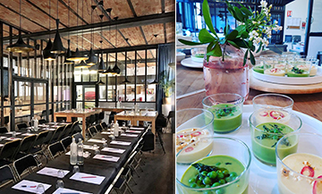 Interior atmosphere of the bookstore and ramekin of dessert with vegetables and cream