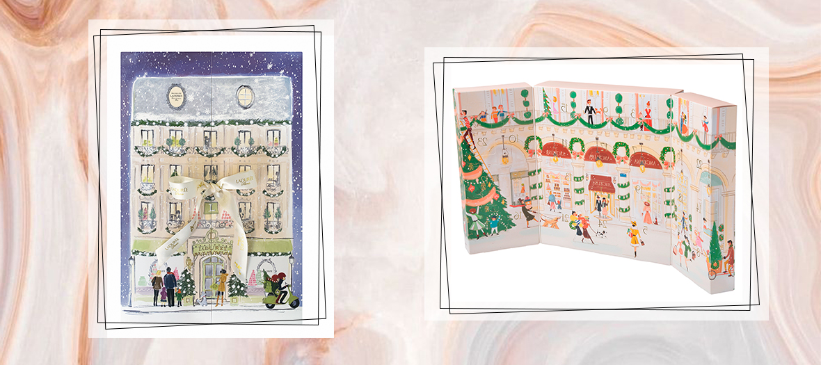 Laduree advent calendar the illustration of a Haussmannian building wrapped with a ribbon and that opens up on a pasty shops where are hidden 24 windows of yummy nougats, calissons and caramel candies and Angelina advent calendar lace crêpes, giandujas, black and white chocolate pralines and napolitains, almonds wrapped in milk chocolate, crispy pearls.