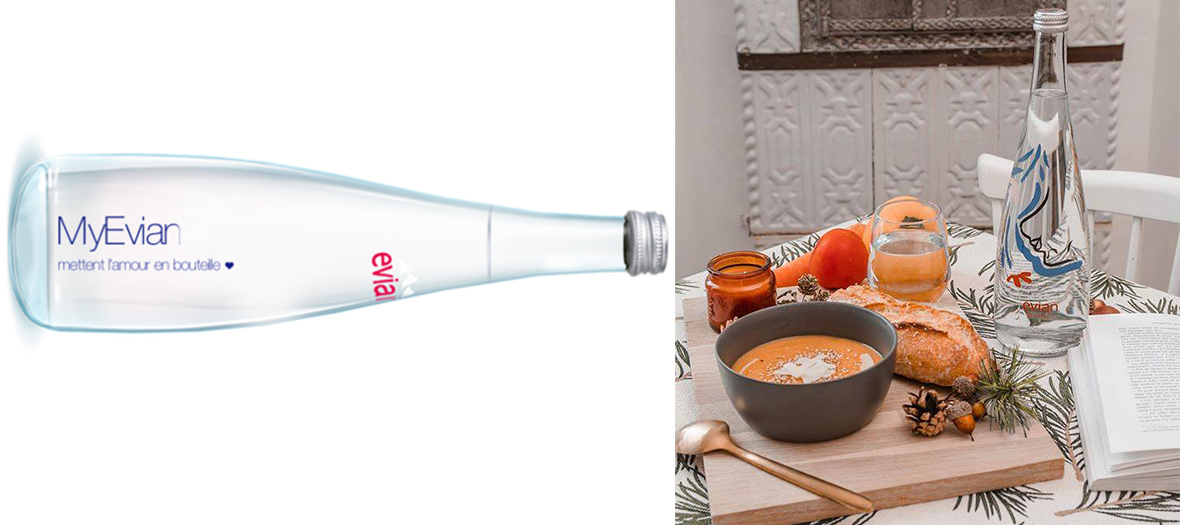 Evian bottle with engraved customizable messages and carrot water bread soup, tomato