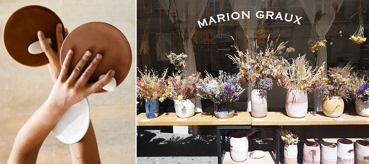 Tableware and flowers vase at the Marion Graux Ceramic boutique-workshop